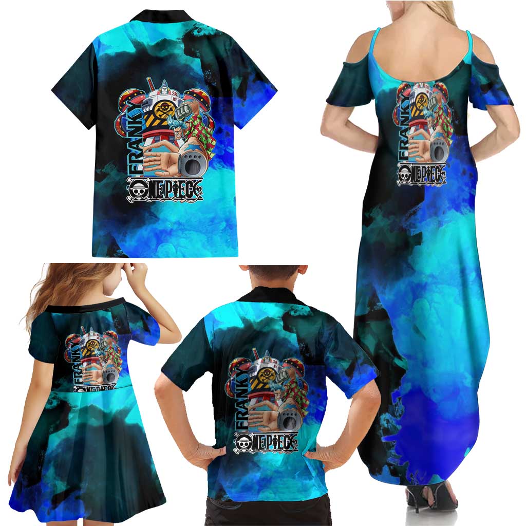 Franky One Piece Blue Theme Family Matching Summer Maxi Dress and Hawaiian Shirt with Cyborg Design and Shipwright Pose
