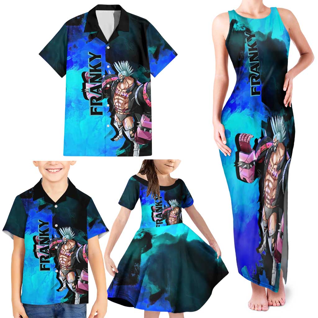 Franky One Piece Blue Theme Family Matching Tank Maxi Dress and Hawaiian Shirt with Cyborg Design and Shipwright Pose