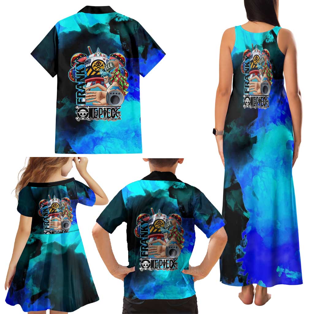 Franky One Piece Blue Theme Family Matching Tank Maxi Dress and Hawaiian Shirt with Cyborg Design and Shipwright Pose