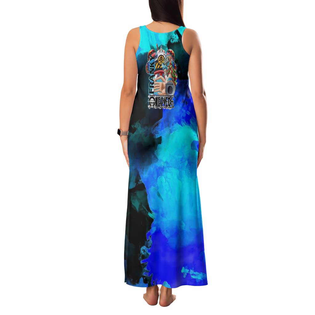 Franky One Piece Blue Theme Family Matching Tank Maxi Dress and Hawaiian Shirt with Cyborg Design and Shipwright Pose