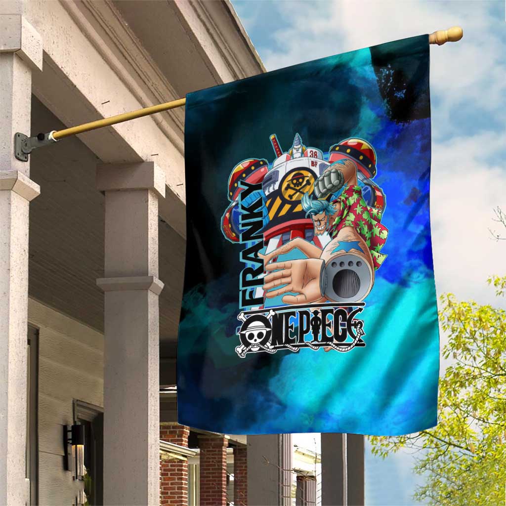 Franky One Piece Blue Theme Garden Flag with Cyborg Design and Shipwright Pose - The Mazicc