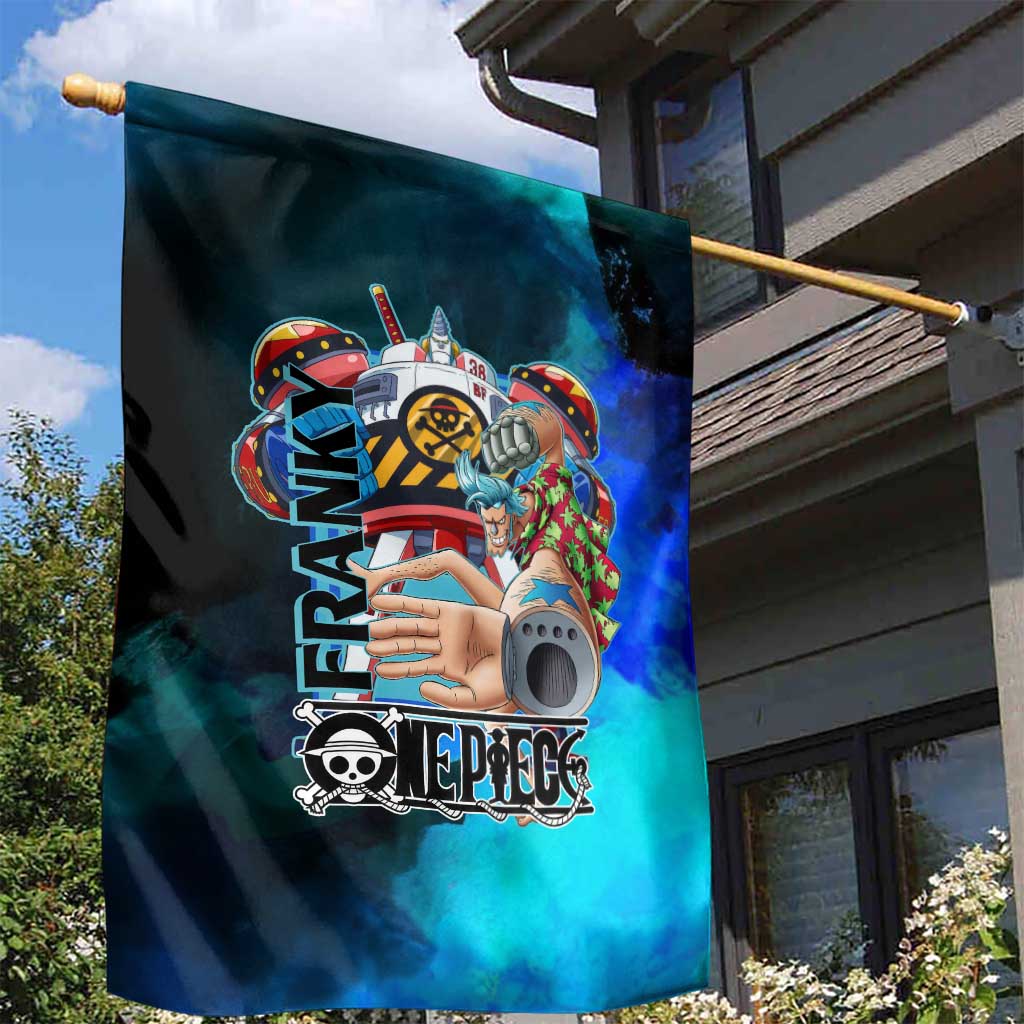 Franky One Piece Blue Theme Garden Flag with Cyborg Design and Shipwright Pose - The Mazicc