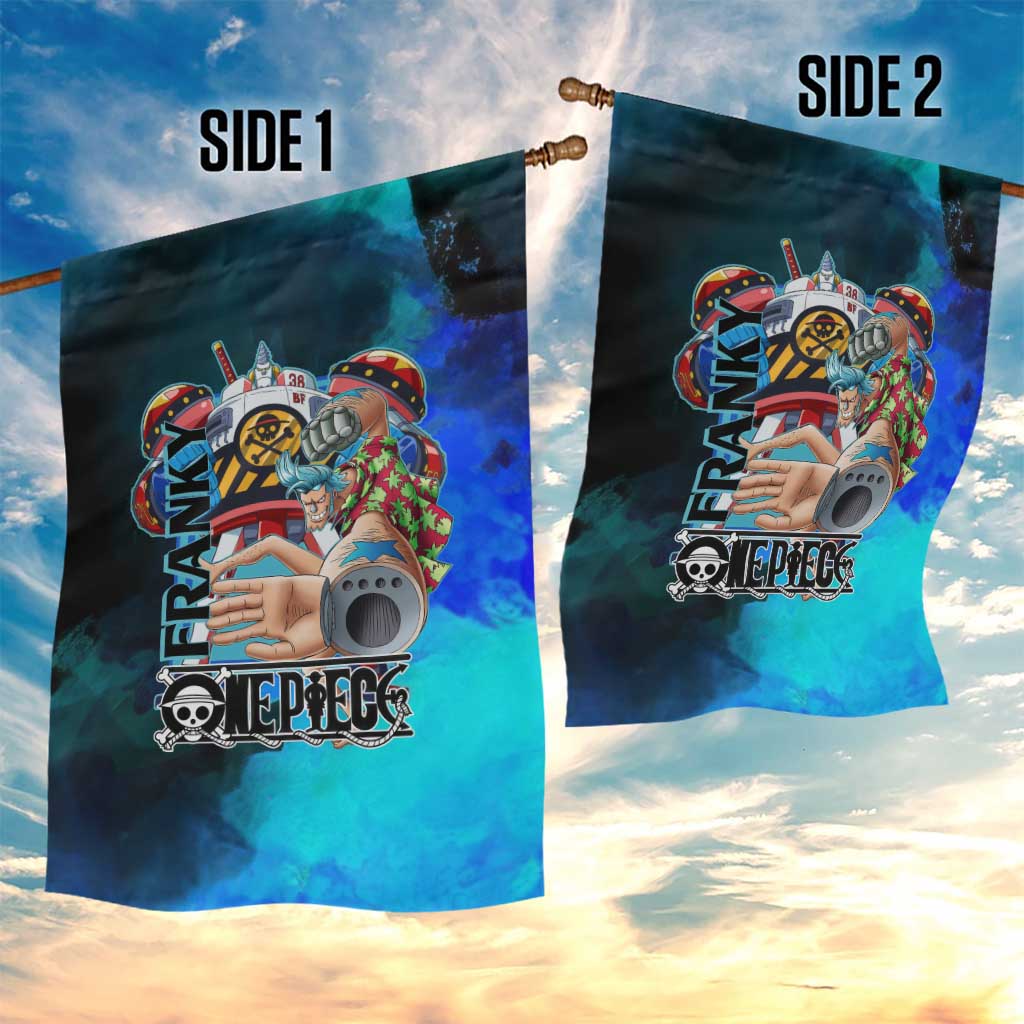 Franky One Piece Blue Theme Garden Flag with Cyborg Design and Shipwright Pose - The Mazicc