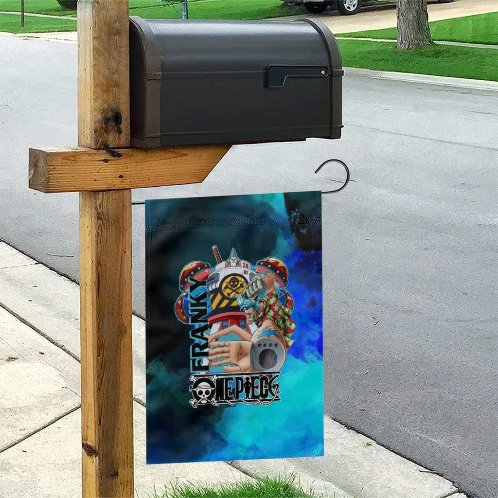 Franky One Piece Blue Theme Garden Flag with Cyborg Design and Shipwright Pose - The Mazicc