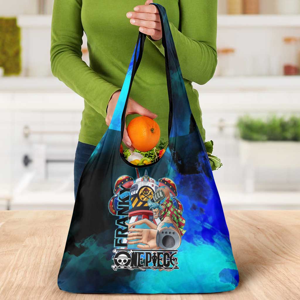 Franky One Piece Blue Theme Grocery Bag with Cyborg Design and Shipwright Pose - The Mazicc