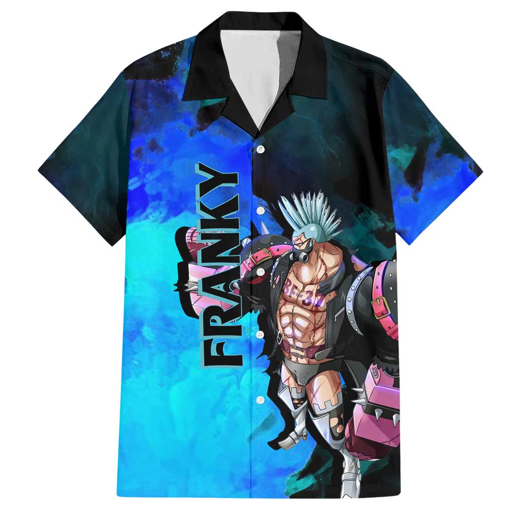 Franky One Piece Blue Theme Hawaiian Shirt with Cyborg Design and Shipwright Pose - The Mazicc
