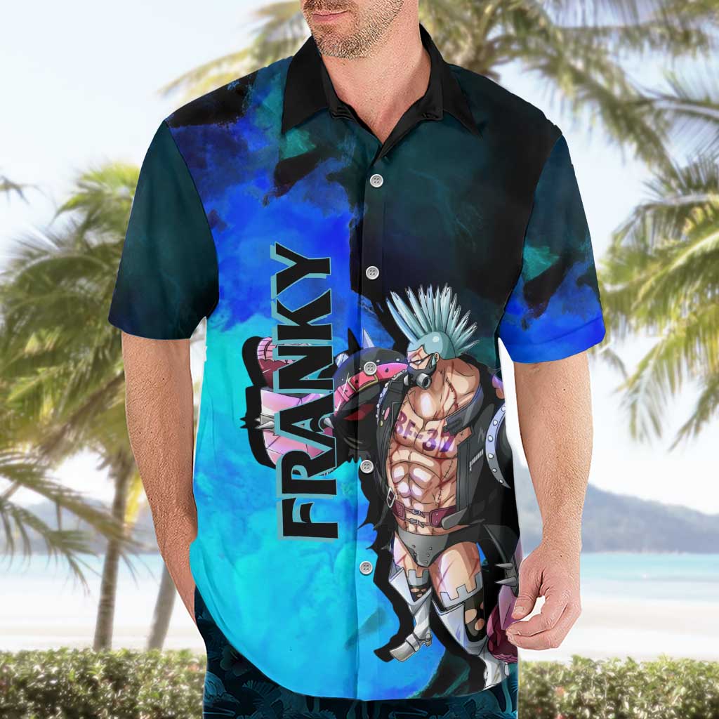 Franky One Piece Blue Theme Hawaiian Shirt with Cyborg Design and Shipwright Pose - The Mazicc