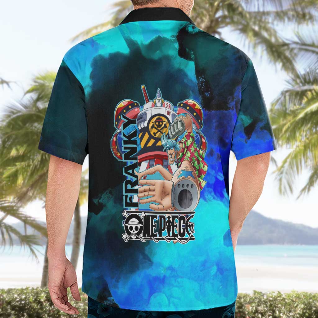 Franky One Piece Blue Theme Hawaiian Shirt with Cyborg Design and Shipwright Pose - The Mazicc