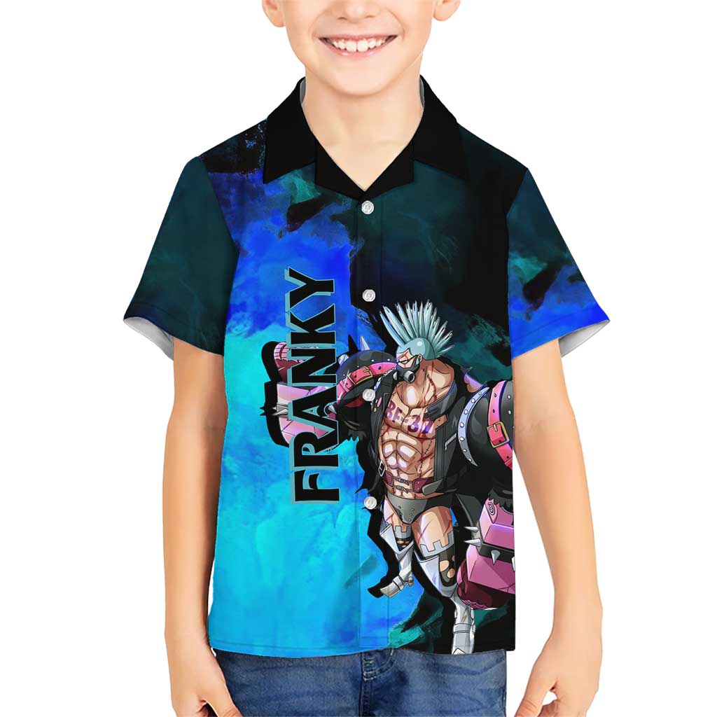 Franky One Piece Blue Theme Hawaiian Shirt with Cyborg Design and Shipwright Pose - The Mazicc