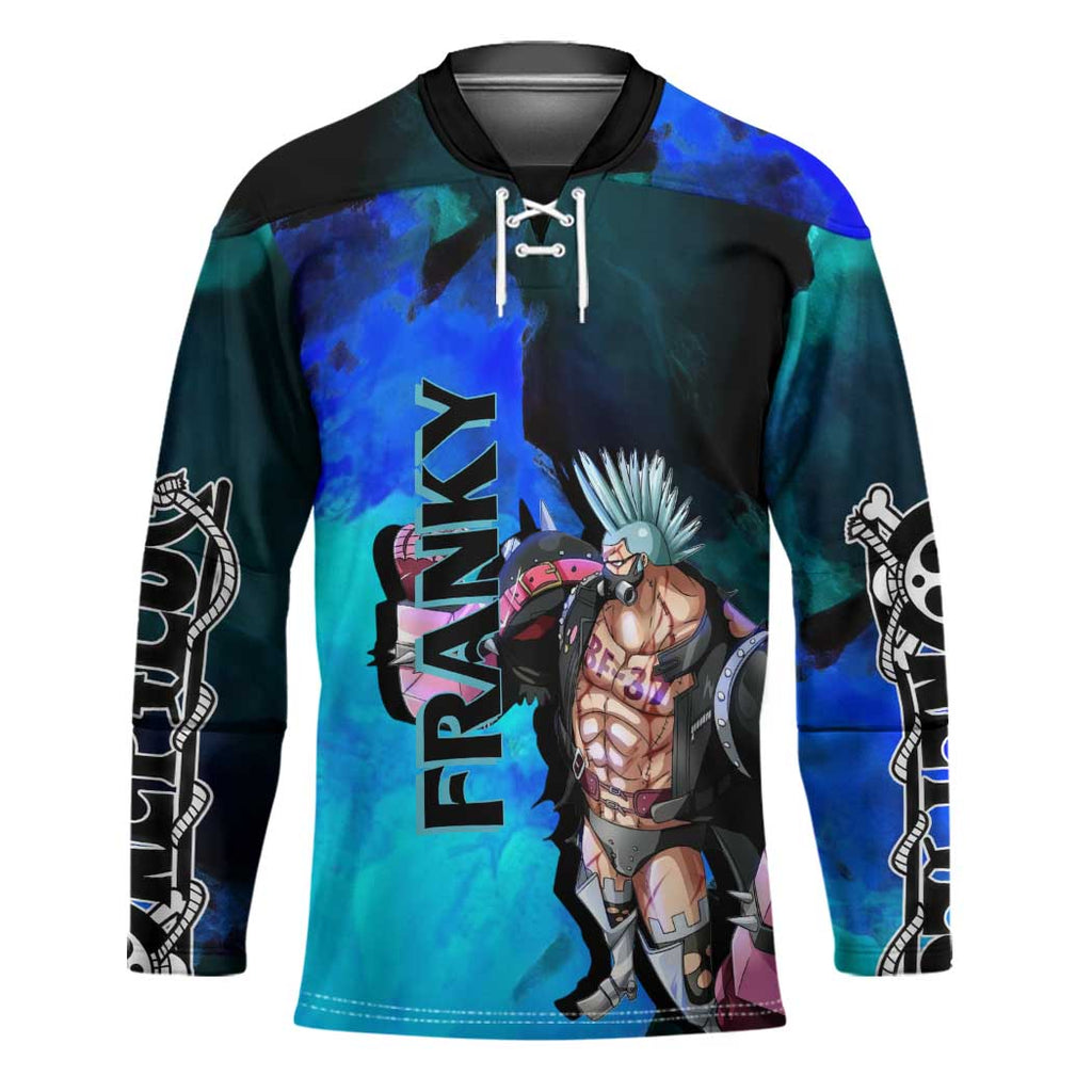 Franky One Piece Blue Theme Hockey Jersey with Cyborg Design and Shipwright Pose - The Mazicc