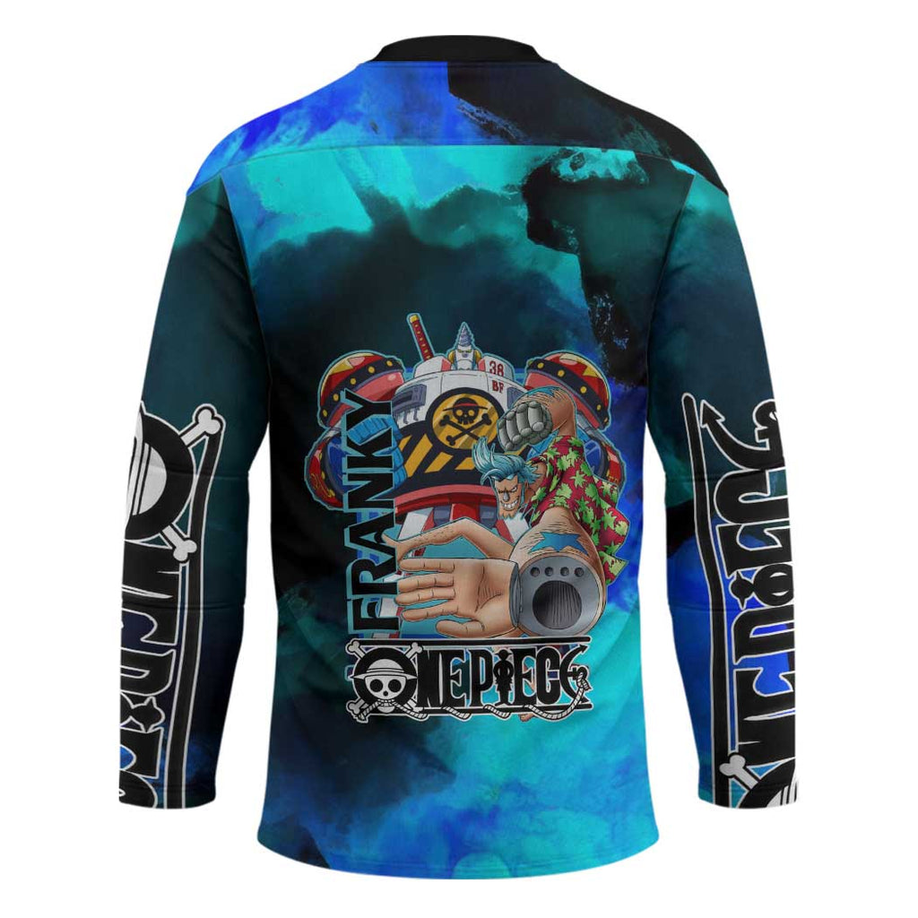 Franky One Piece Blue Theme Hockey Jersey with Cyborg Design and Shipwright Pose - The Mazicc