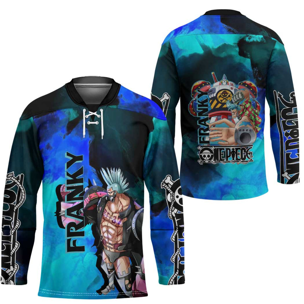 Franky One Piece Blue Theme Hockey Jersey with Cyborg Design and Shipwright Pose - The Mazicc
