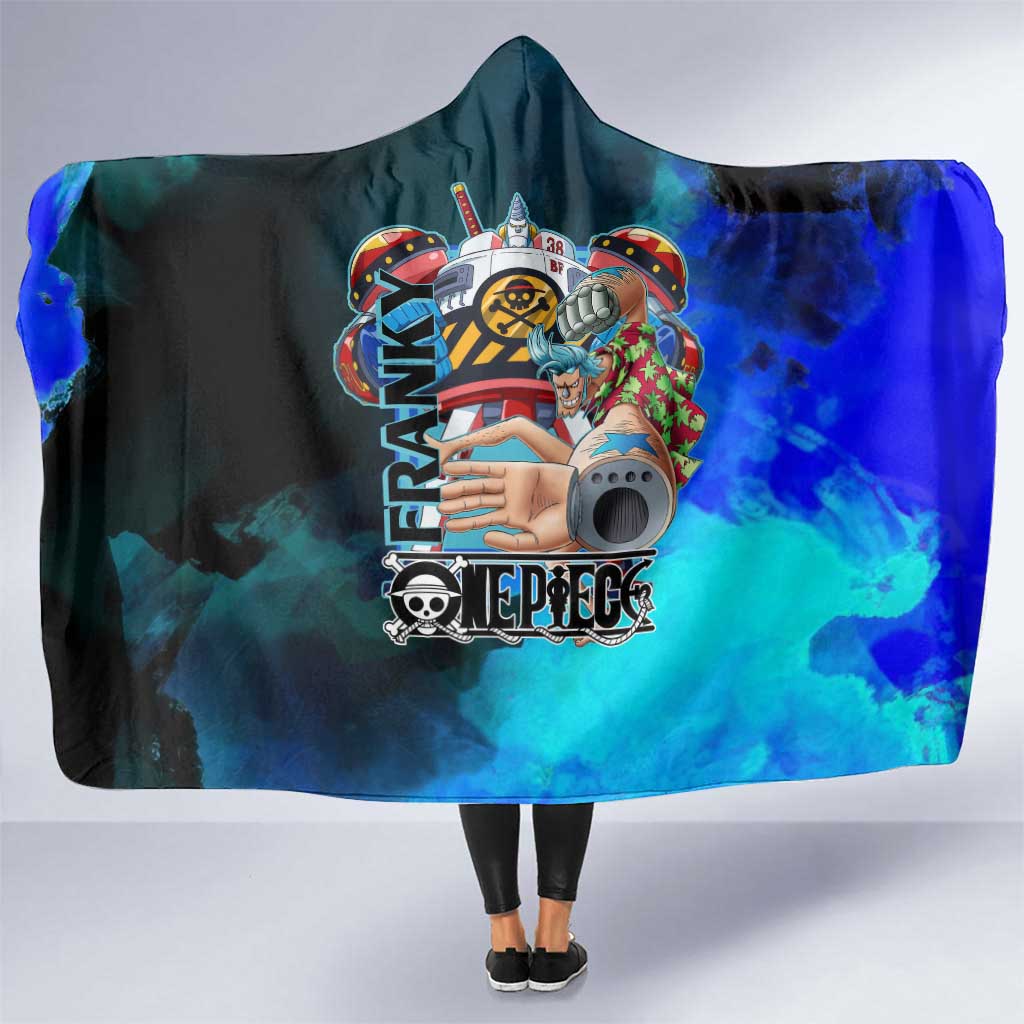Franky One Piece Blue Theme Hooded Blanket with Cyborg Design and Shipwright Pose - The Mazicc
