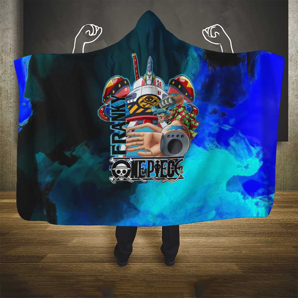 Franky One Piece Blue Theme Hooded Blanket with Cyborg Design and Shipwright Pose - The Mazicc