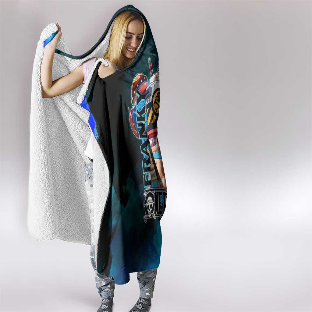 Franky One Piece Blue Theme Hooded Blanket with Cyborg Design and Shipwright Pose - The Mazicc