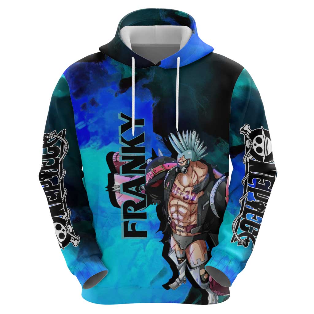 Franky One Piece Blue Theme Hoodie with Cyborg Design and Shipwright Pose - The Mazicc