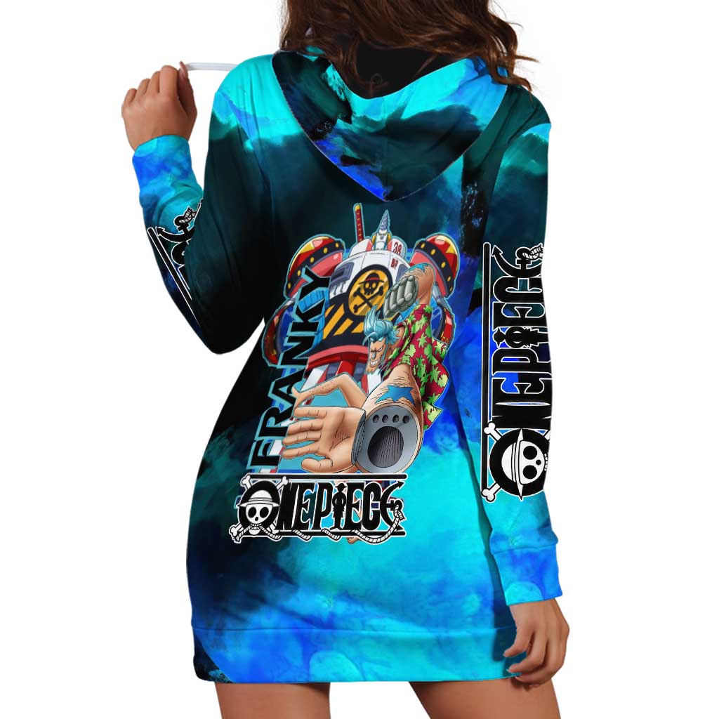 Franky One Piece Blue Theme Hoodie Dress with Cyborg Design and Shipwright Pose - The Mazicc