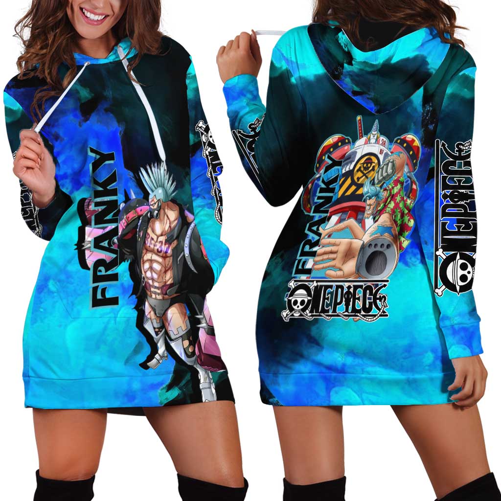 Franky One Piece Blue Theme Hoodie Dress with Cyborg Design and Shipwright Pose - The Mazicc