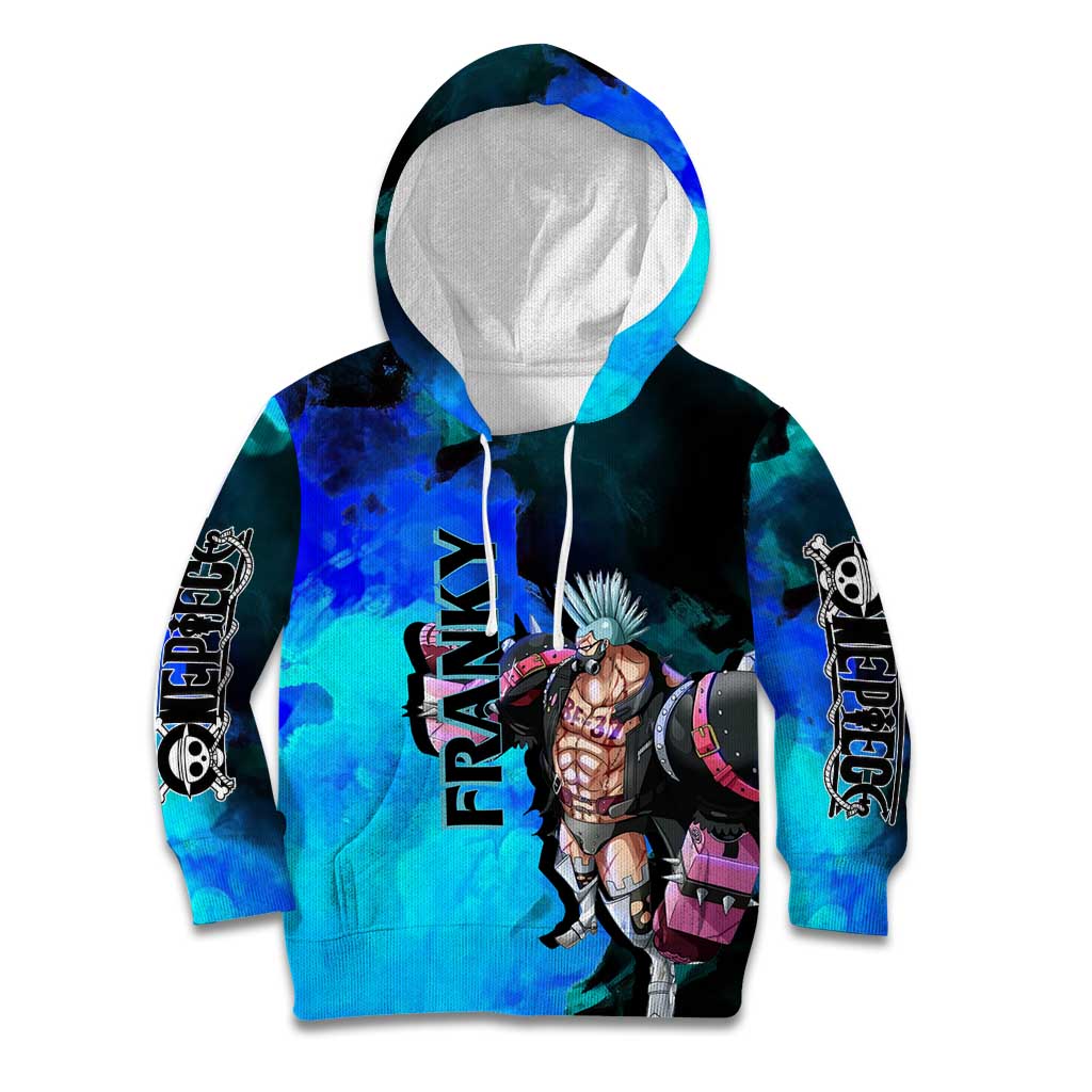Franky One Piece Blue Theme Kid Hoodie with Cyborg Design and Shipwright Pose - The Mazicc