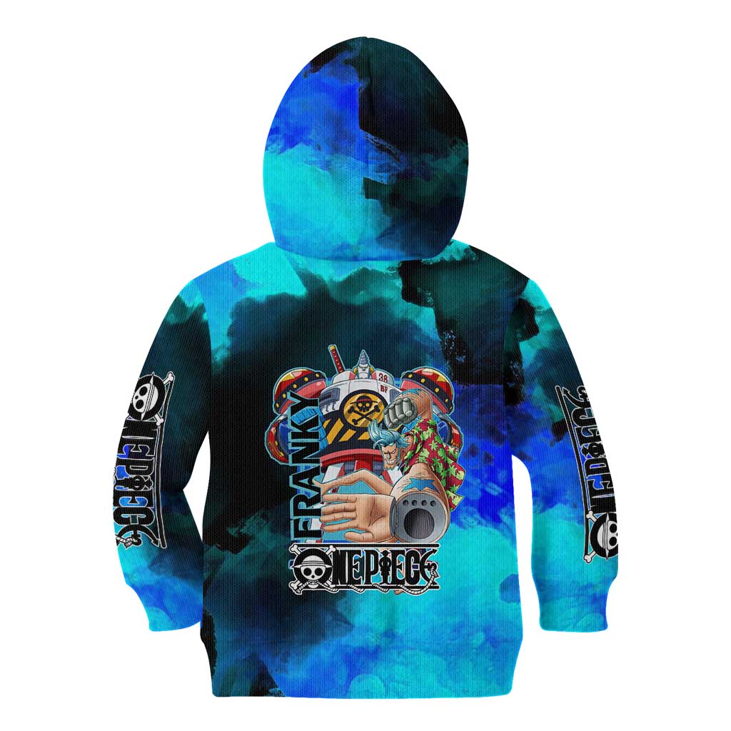 Franky One Piece Blue Theme Kid Hoodie with Cyborg Design and Shipwright Pose - The Mazicc