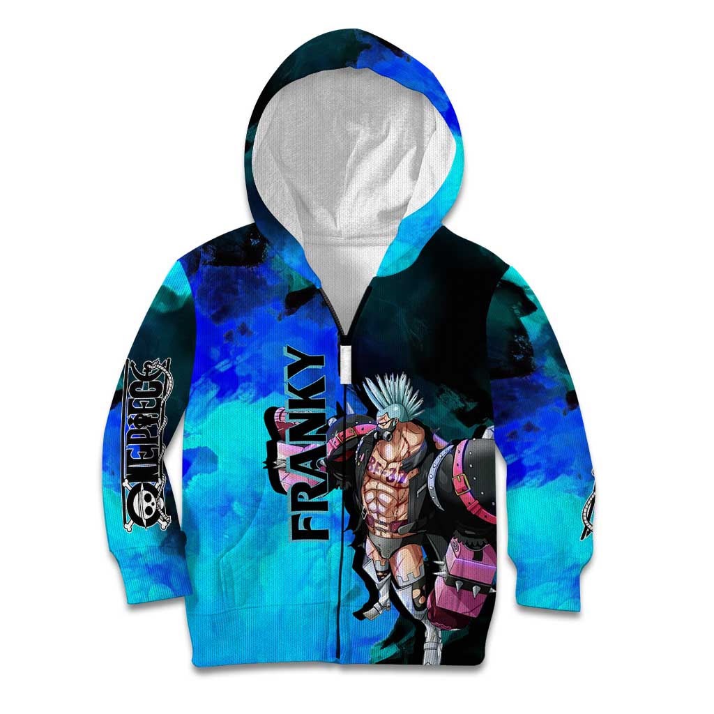 Franky One Piece Blue Theme Kid Hoodie with Cyborg Design and Shipwright Pose - The Mazicc