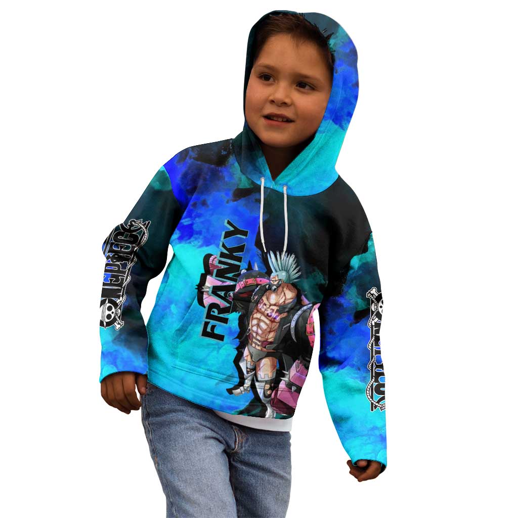 Franky One Piece Blue Theme Kid Hoodie with Cyborg Design and Shipwright Pose - The Mazicc