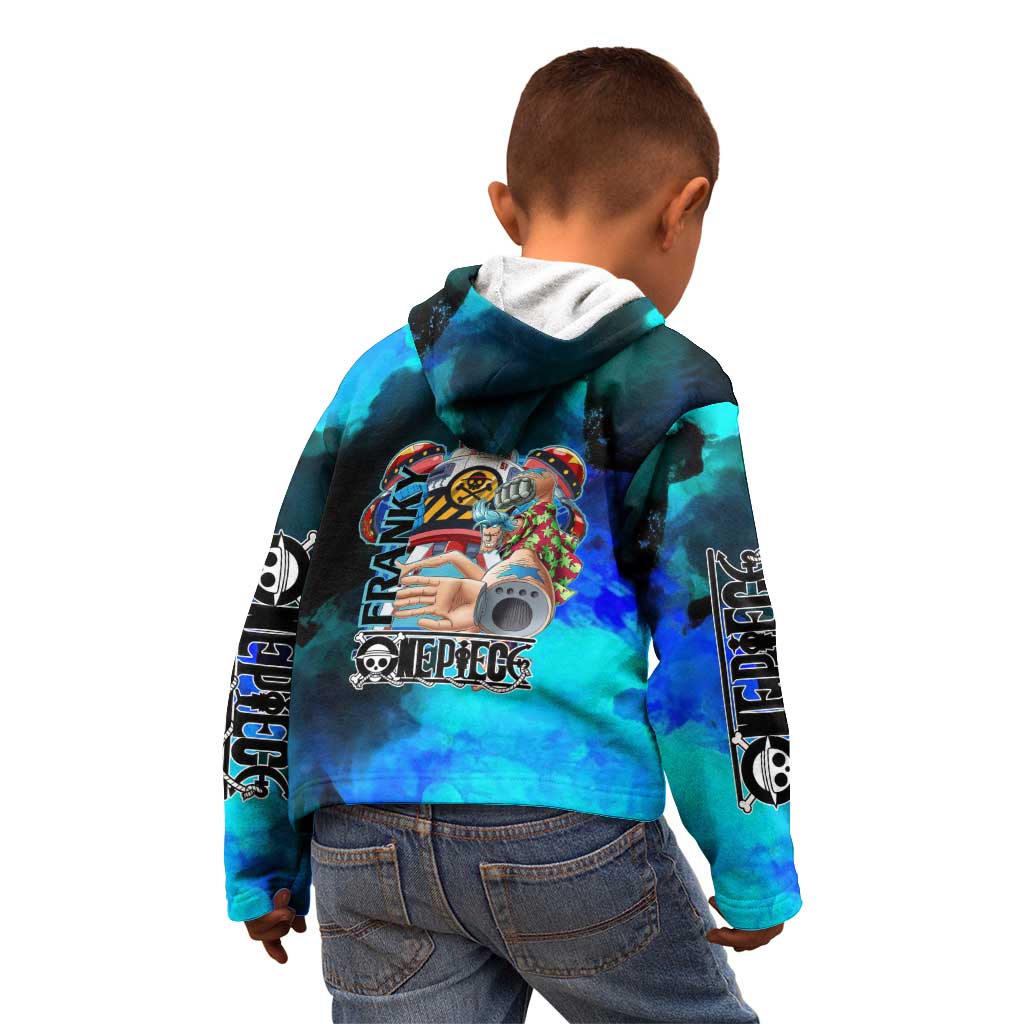 Franky One Piece Blue Theme Kid Hoodie with Cyborg Design and Shipwright Pose - The Mazicc