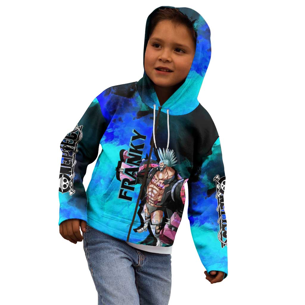 Franky One Piece Blue Theme Kid Hoodie with Cyborg Design and Shipwright Pose - The Mazicc