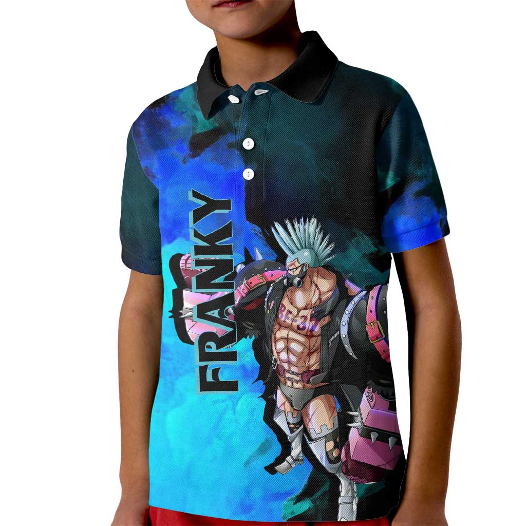 Franky One Piece Blue Theme Kid Polo Shirt with Cyborg Design and Shipwright Pose - The Mazicc