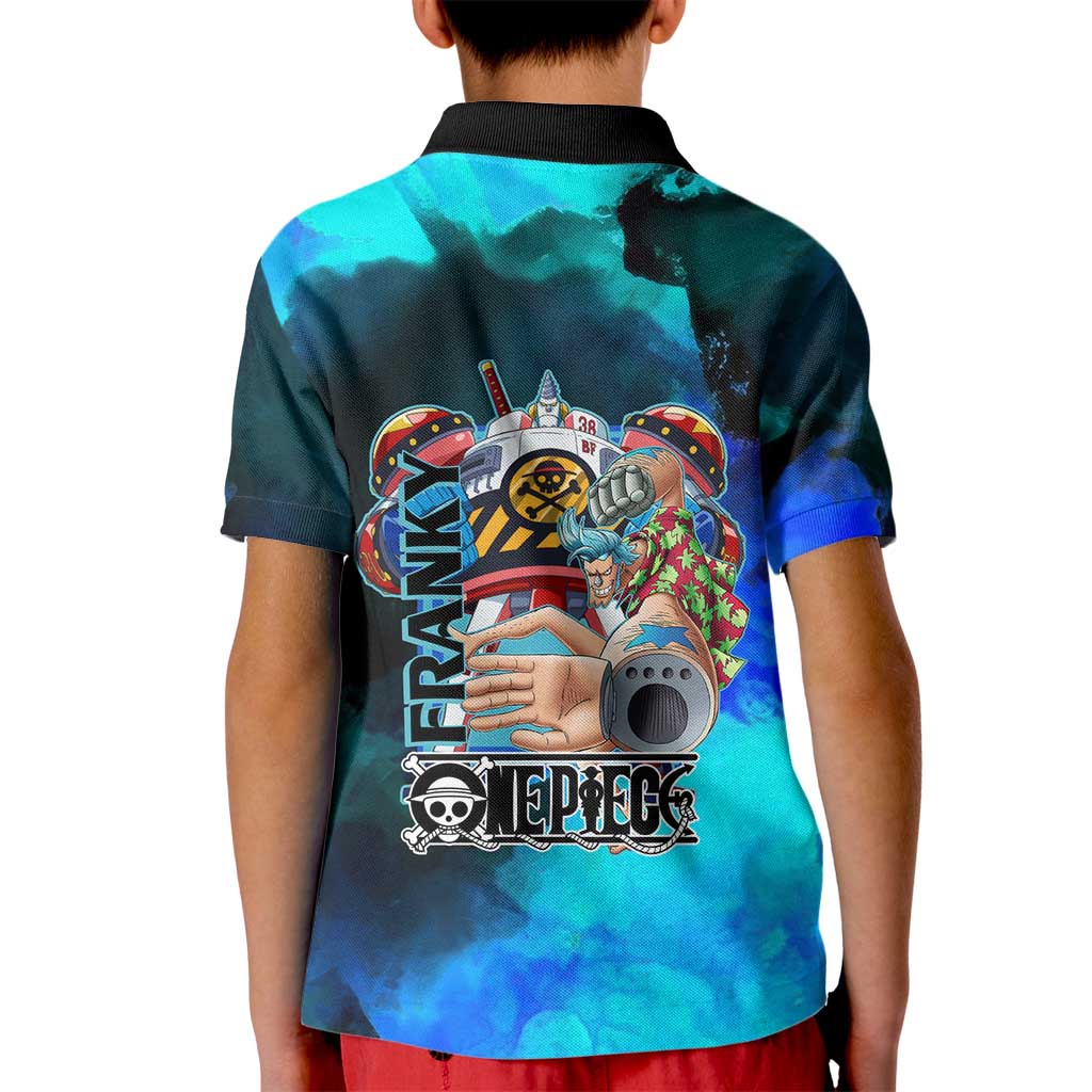 Franky One Piece Blue Theme Kid Polo Shirt with Cyborg Design and Shipwright Pose - The Mazicc