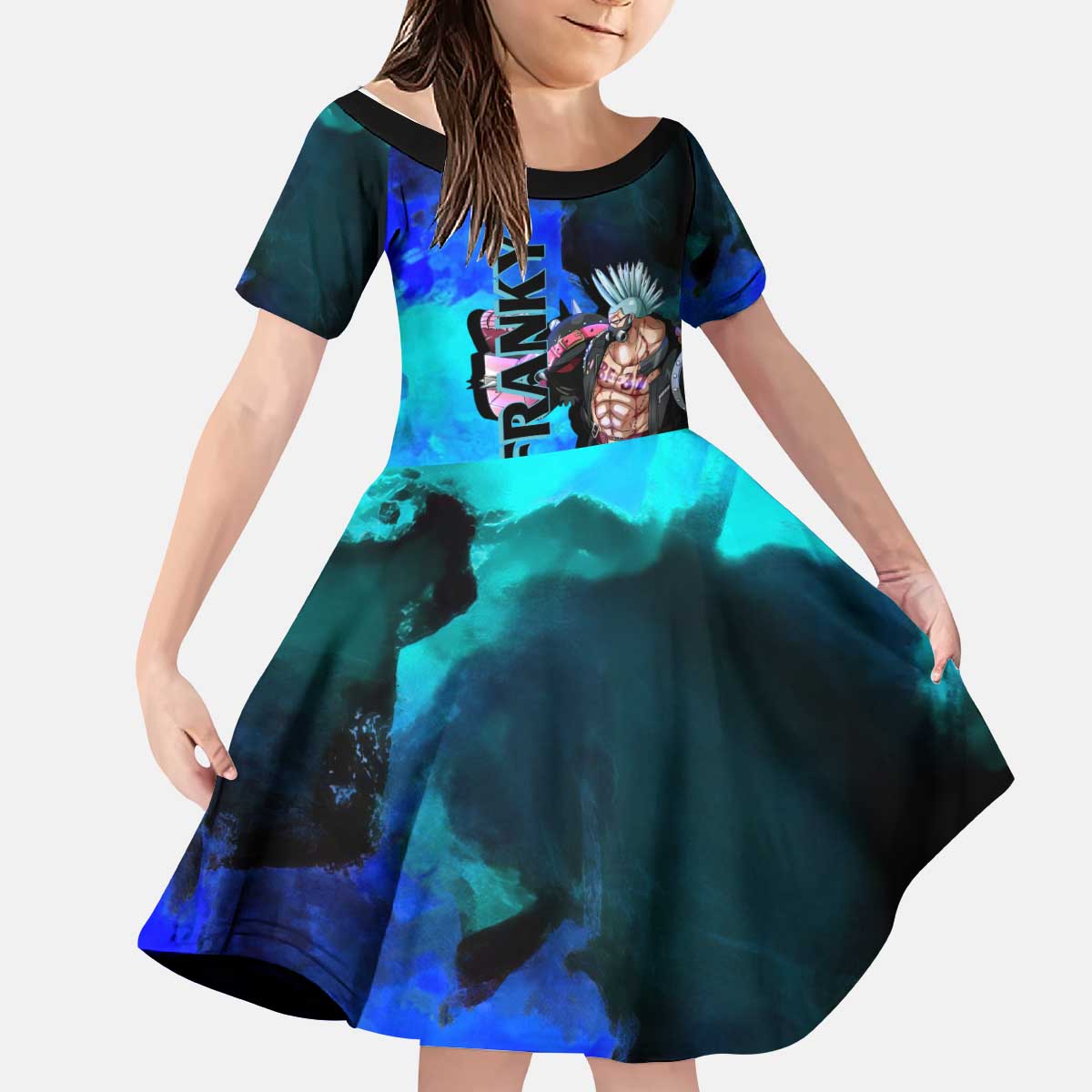 Franky One Piece Blue Theme Kid Short Sleeve Dress with Cyborg Design and Shipwright Pose - The Mazicc