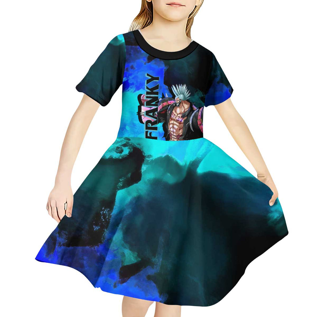 Franky One Piece Blue Theme Kid Short Sleeve Dress with Cyborg Design and Shipwright Pose - The Mazicc