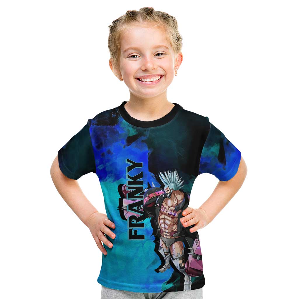 Franky One Piece Blue Theme Kid T Shirt with Cyborg Design and Shipwright Pose - The Mazicc