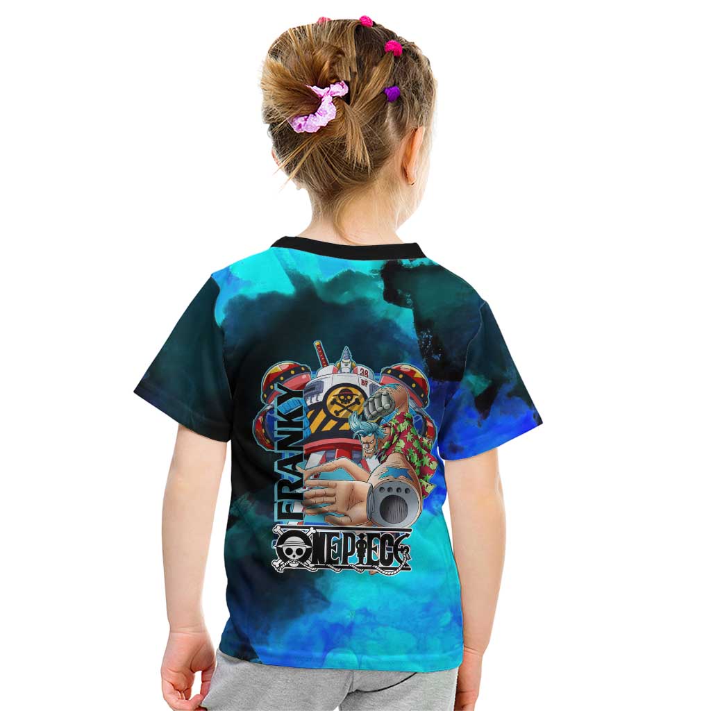 Franky One Piece Blue Theme Kid T Shirt with Cyborg Design and Shipwright Pose - The Mazicc