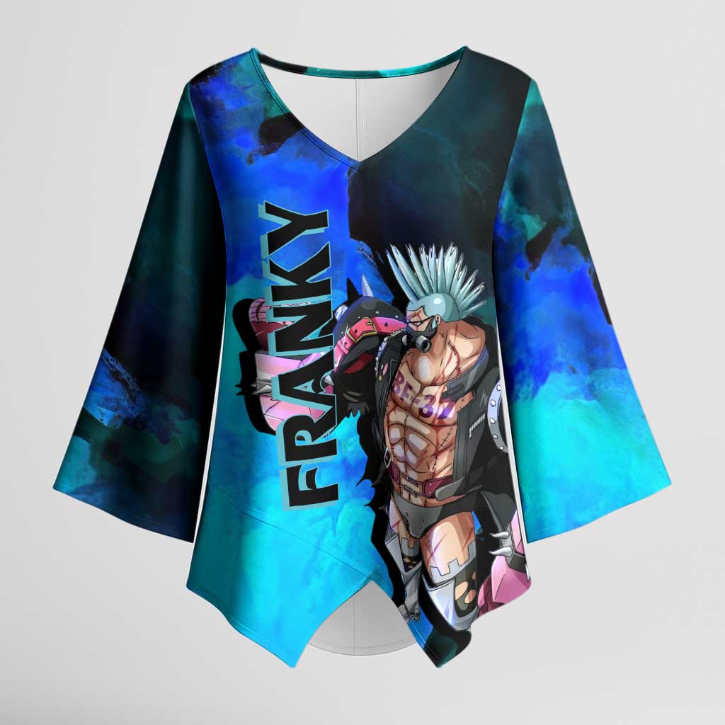 Franky One Piece Blue Theme Kimono Sleeve Blouse with Cyborg Design and Shipwright Pose - The Mazicc