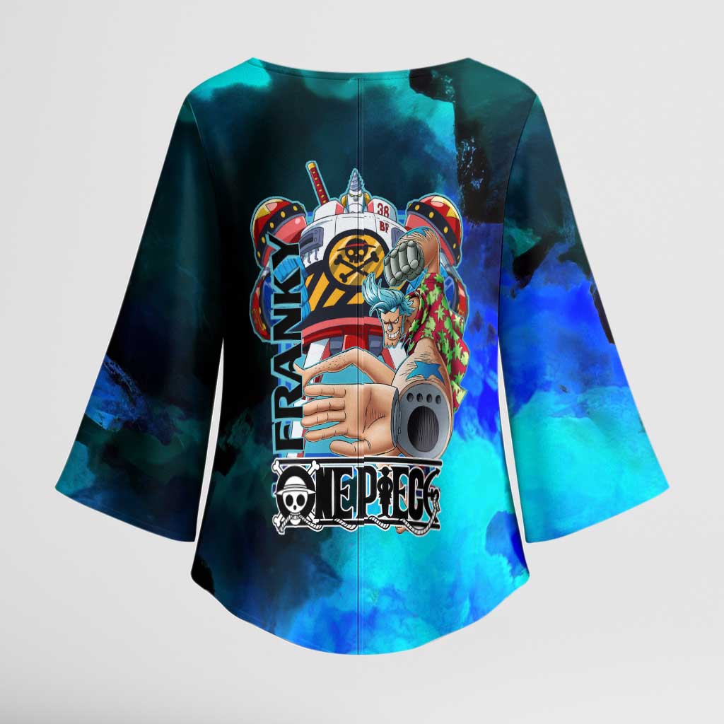 Franky One Piece Blue Theme Kimono Sleeve Blouse with Cyborg Design and Shipwright Pose - The Mazicc