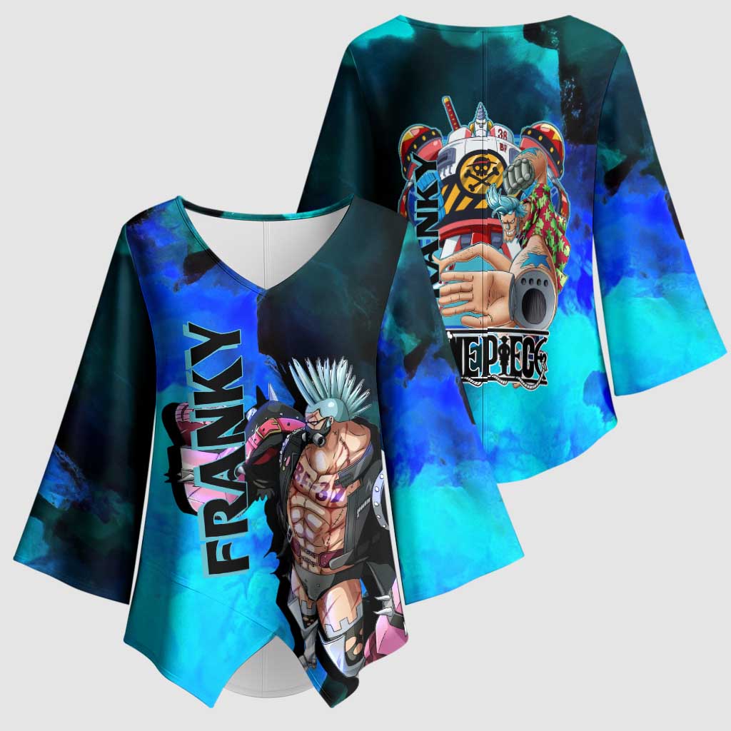 Franky One Piece Blue Theme Kimono Sleeve Blouse with Cyborg Design and Shipwright Pose - The Mazicc