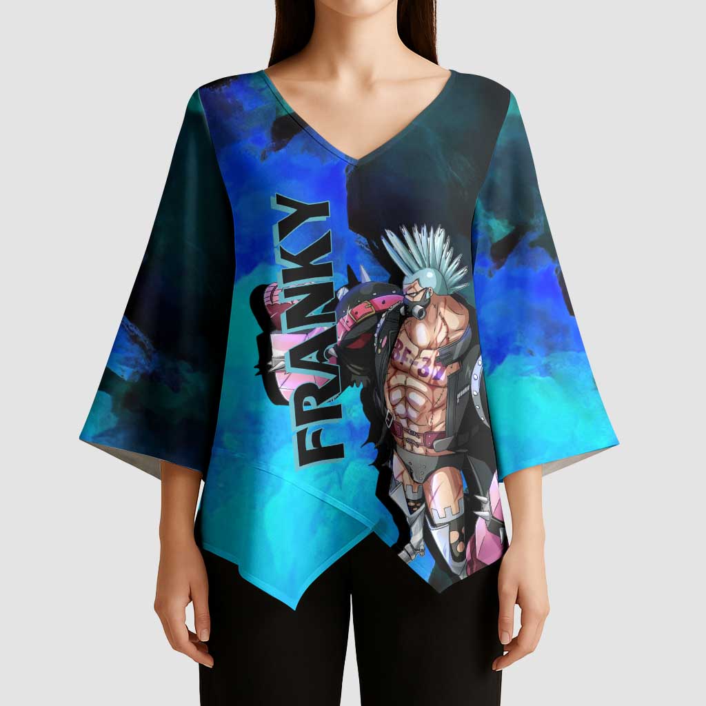 Franky One Piece Blue Theme Kimono Sleeve Blouse with Cyborg Design and Shipwright Pose - The Mazicc