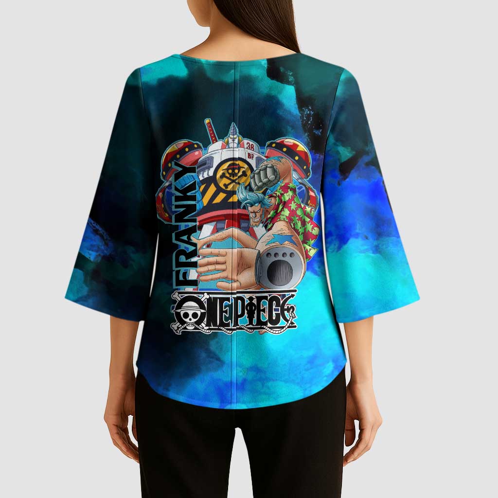 Franky One Piece Blue Theme Kimono Sleeve Blouse with Cyborg Design and Shipwright Pose - The Mazicc