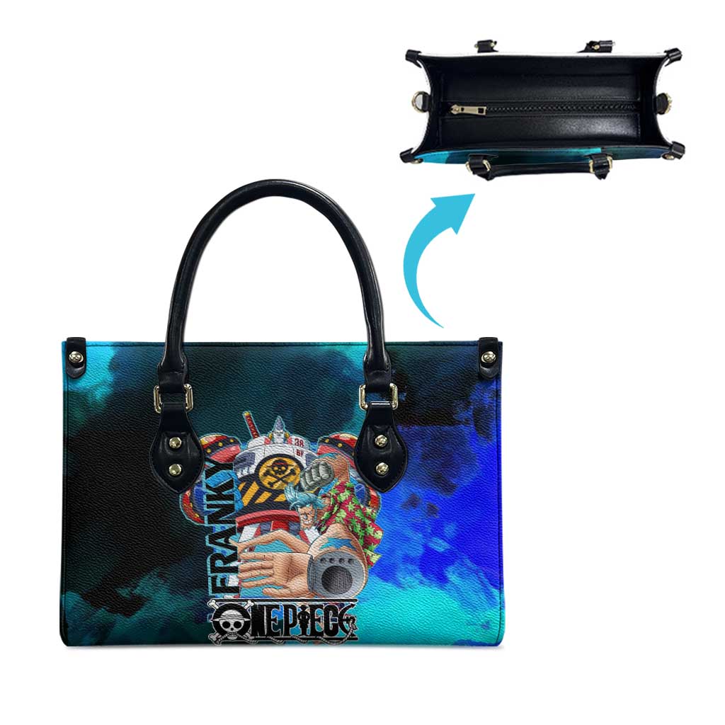 Franky One Piece Blue Theme Leather Bag with Cyborg Design and Shipwright Pose - The Mazicc