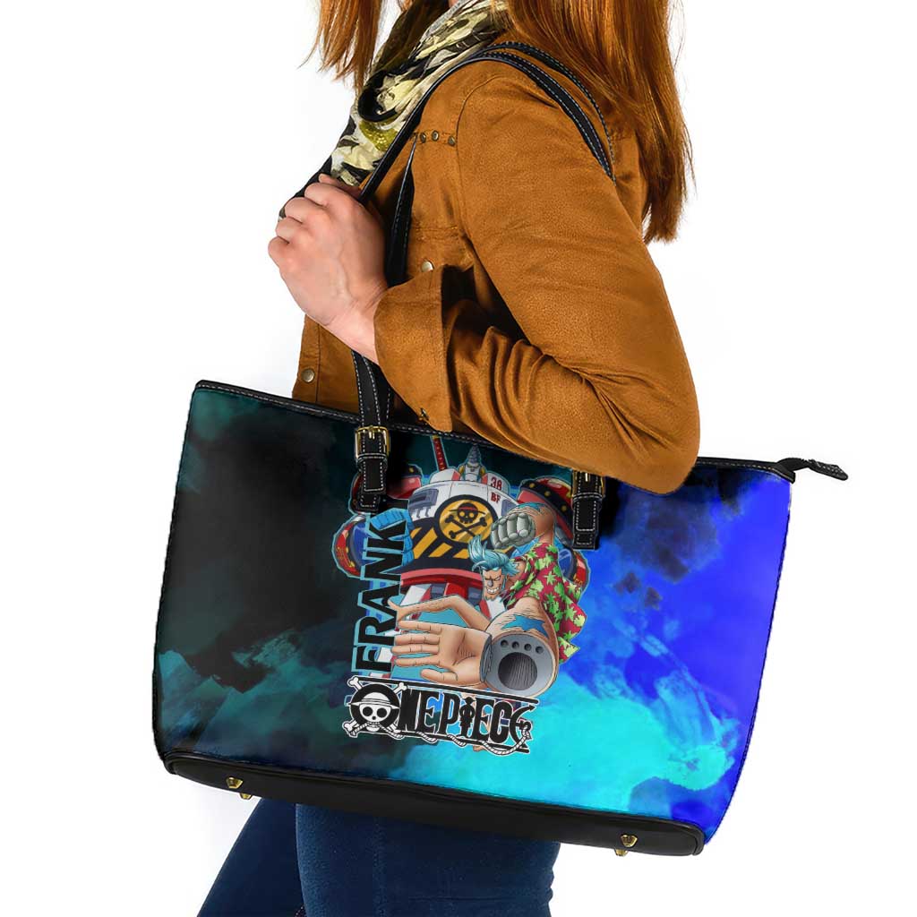 Franky One Piece Blue Theme Leather Tote Bag with Cyborg Design and Shipwright Pose - The Mazicc