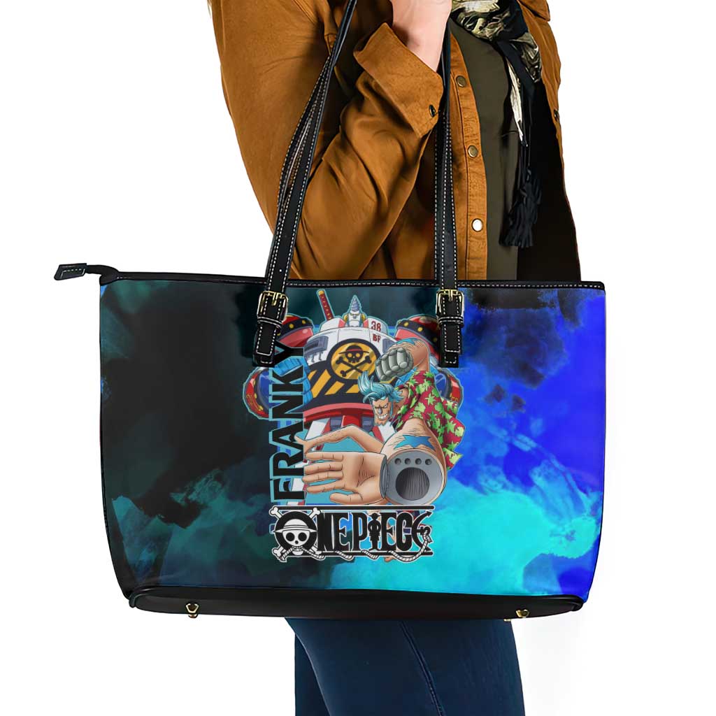 Franky One Piece Blue Theme Leather Tote Bag with Cyborg Design and Shipwright Pose - The Mazicc