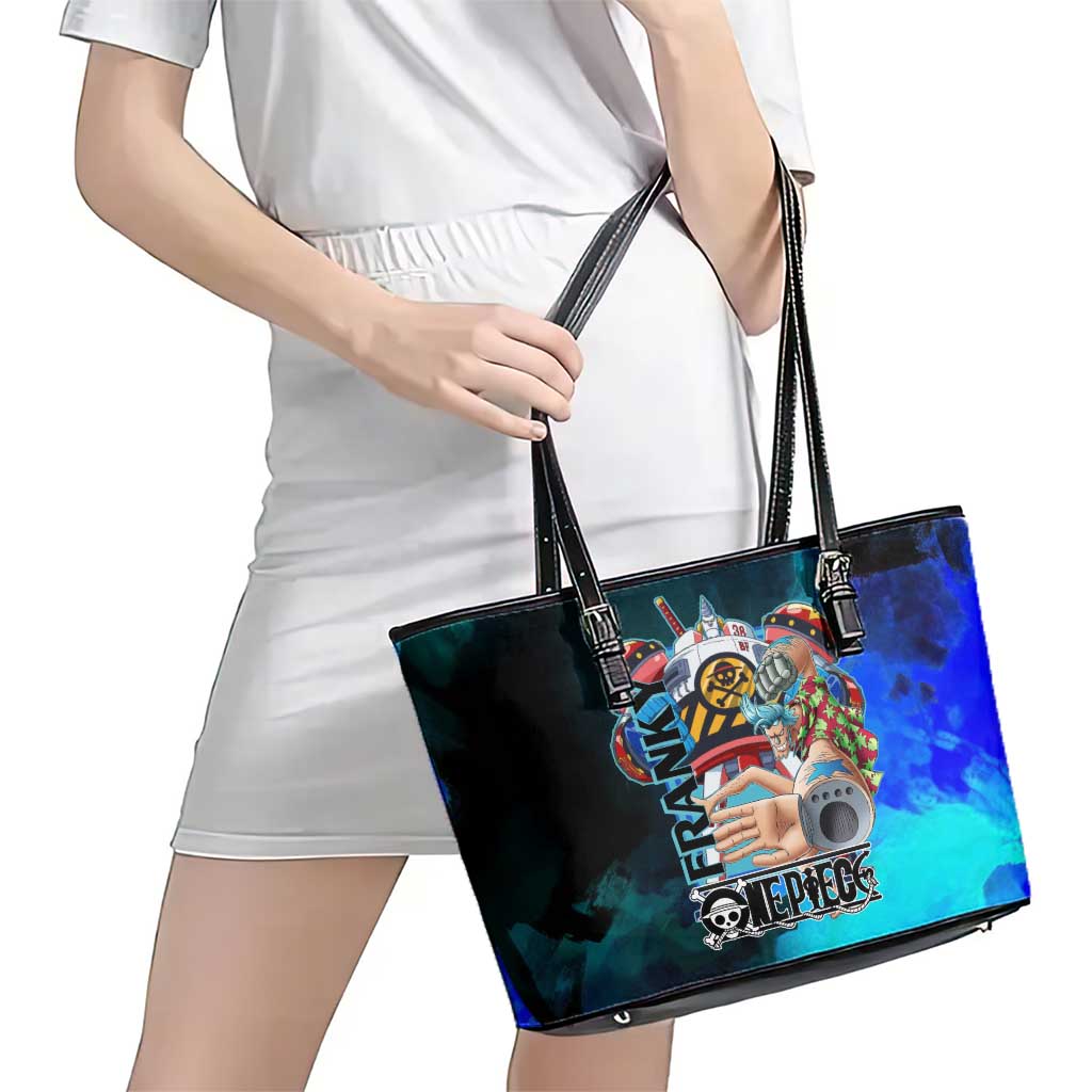 Franky One Piece Blue Theme Leather Tote Bag with Cyborg Design and Shipwright Pose - The Mazicc