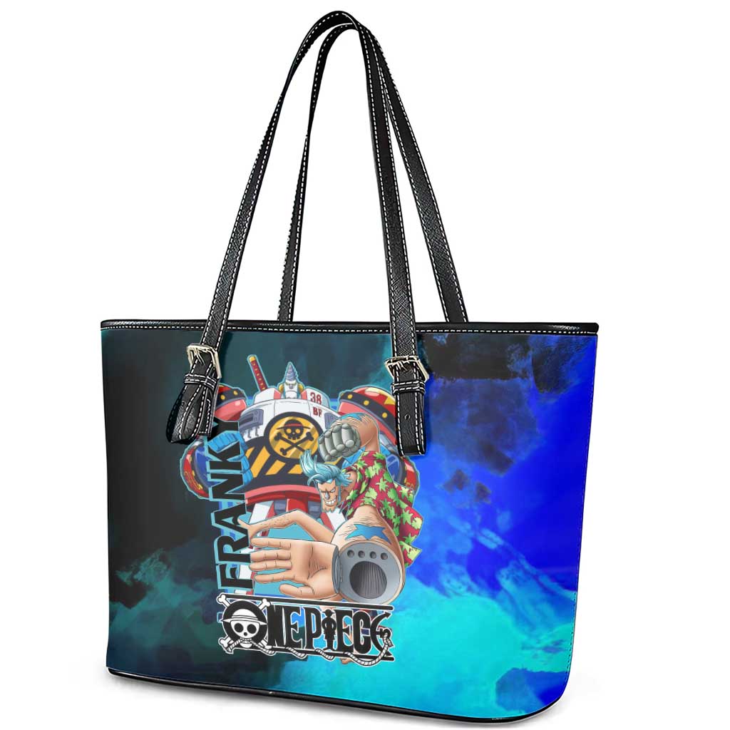 Franky One Piece Blue Theme Leather Tote Bag with Cyborg Design and Shipwright Pose - The Mazicc