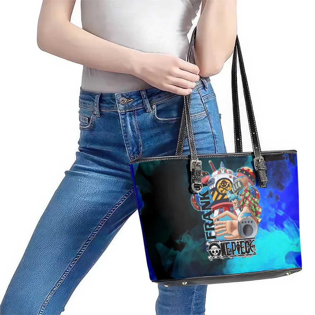 Franky One Piece Blue Theme Leather Tote Bag with Cyborg Design and Shipwright Pose - The Mazicc