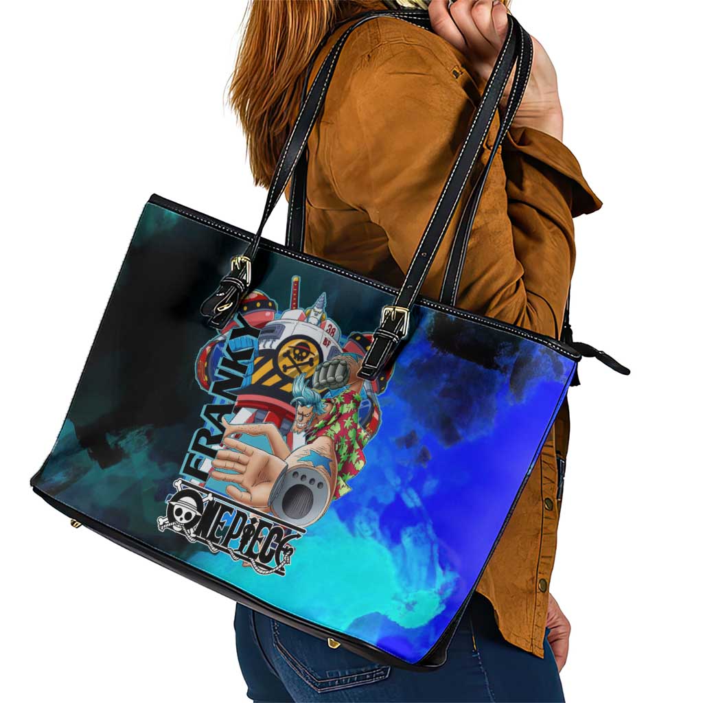 Franky One Piece Blue Theme Leather Tote Bag with Cyborg Design and Shipwright Pose - The Mazicc