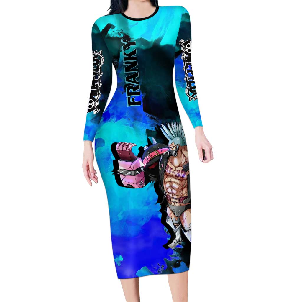 Franky One Piece Blue Theme Long Sleeve Bodycon Dress with Cyborg Design and Shipwright Pose - The Mazicc