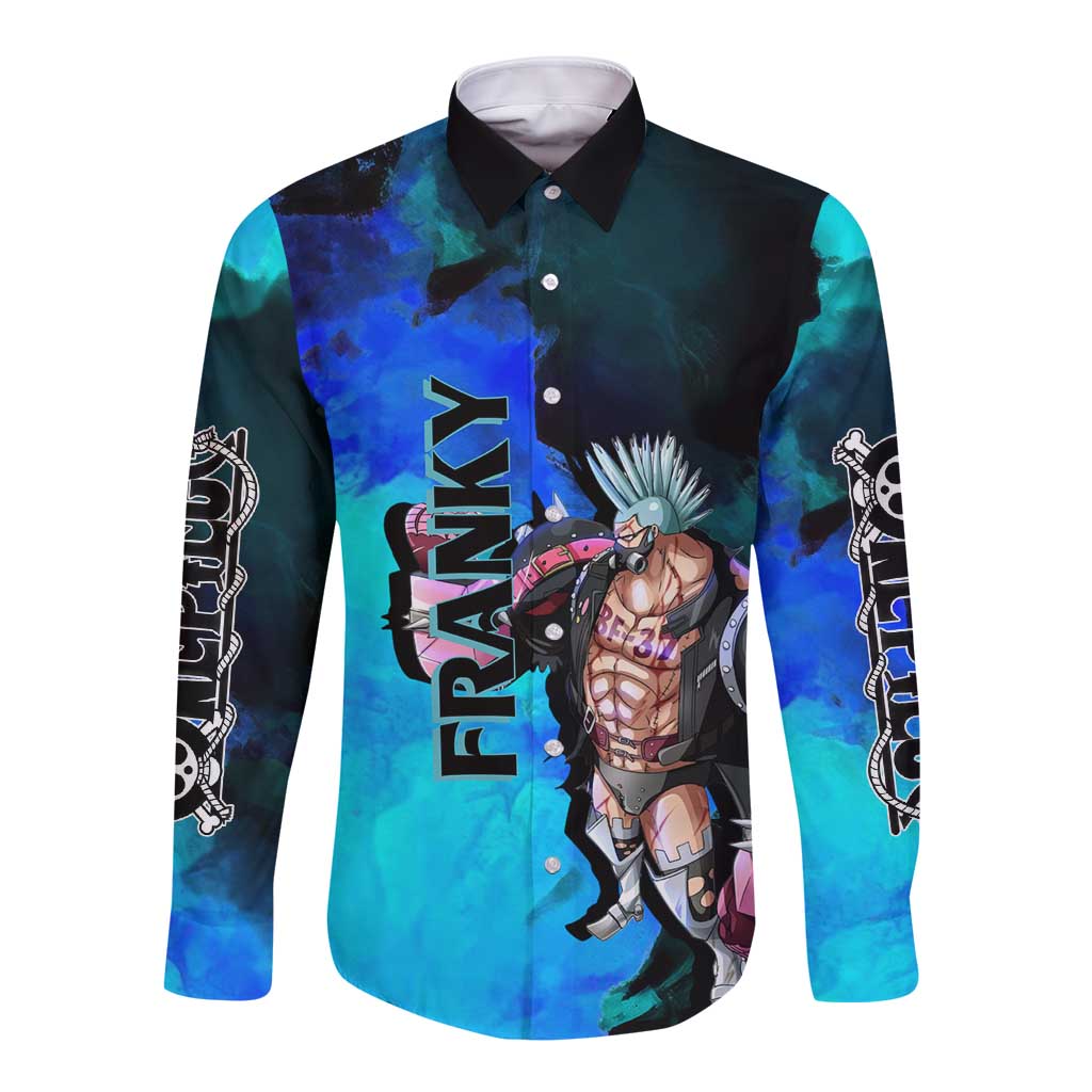 Franky One Piece Blue Theme Long Sleeve Button Shirt with Cyborg Design and Shipwright Pose - The Mazicc