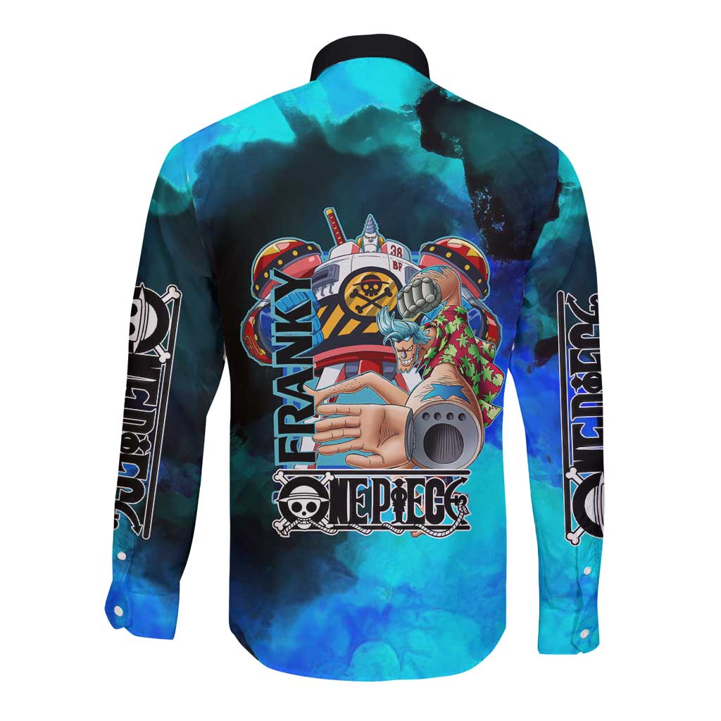 Franky One Piece Blue Theme Long Sleeve Button Shirt with Cyborg Design and Shipwright Pose - The Mazicc