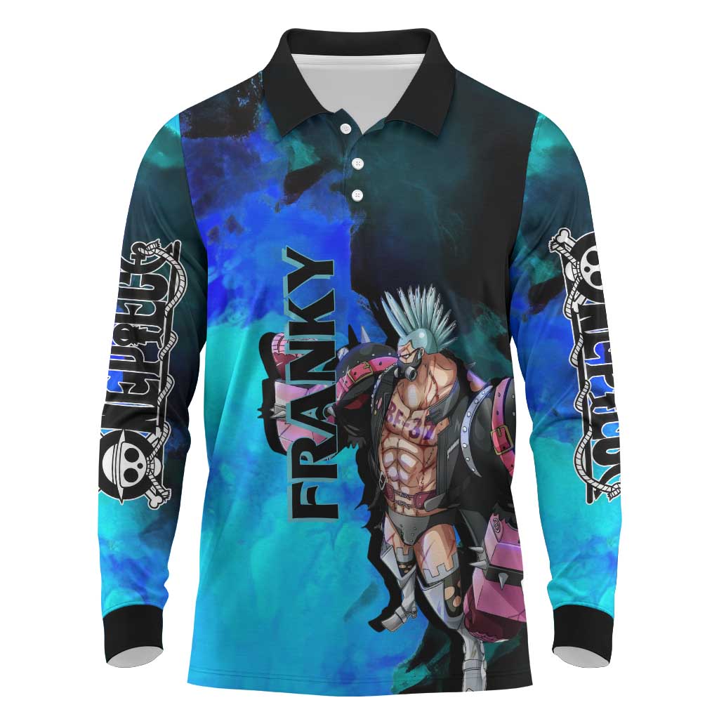 Franky One Piece Blue Theme Long Sleeve Polo Shirt with Cyborg Design and Shipwright Pose - The Mazicc